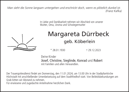 Anzeige von Margareta Dürrbeck von MGO