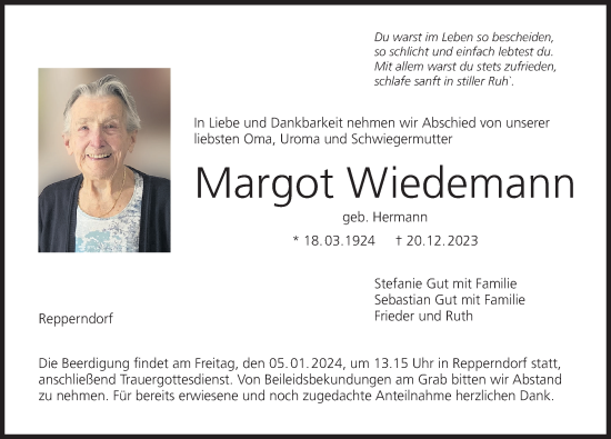 Anzeige von Margot Wiedemann von MGO