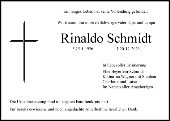 Anzeige von Rinaldo Schmidt von MGO