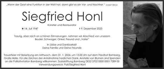 Anzeige von Siegfried Honl von MGO