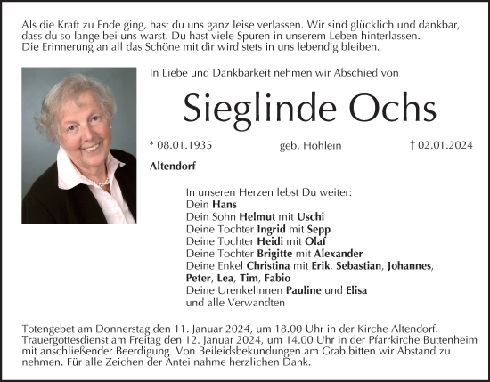 Anzeige von Sieglinde Ochs von MGO