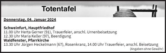 Anzeige von Totentafel vom 04.01.2024 von MGO