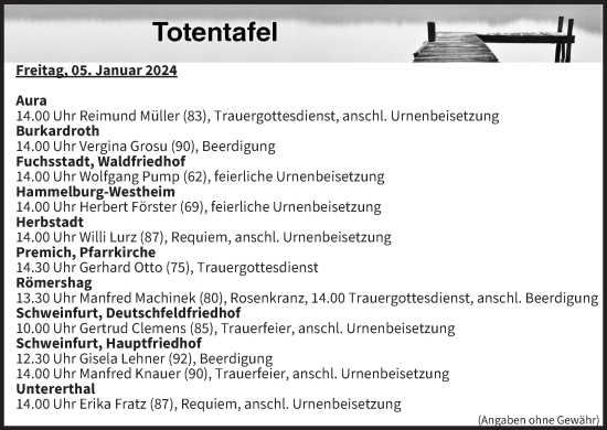 Anzeige von Totentafel vom 05.01.2024 von MGO