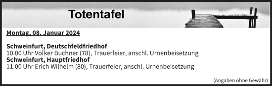 Anzeige von Totentafel vom 08.01.2024 von MGO