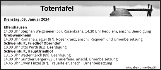 Anzeige von Totentafel vom 09.01.2024 von MGO