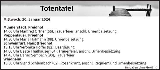 Anzeige von Totentafel vom 10.01.2024 von MGO