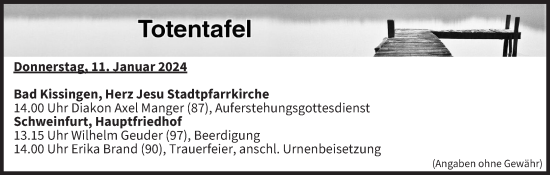 Anzeige von Totentafel vom 11.01.2024 von MGO