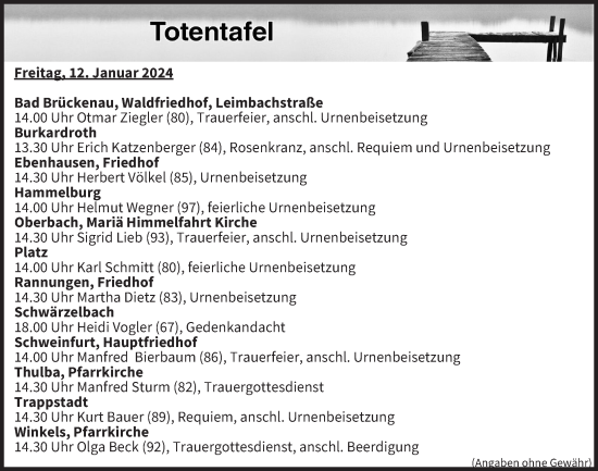 Anzeige von Totentafel vom 12.01.2024 von MGO