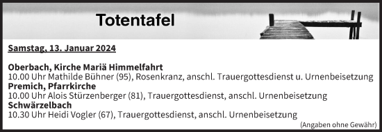 Anzeige von Totentafel vom 13.01.2024 von MGO