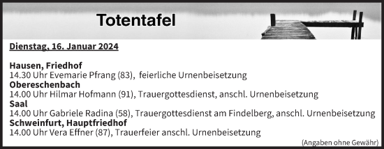 Anzeige von Totentafel vom 16.01.2024 von MGO