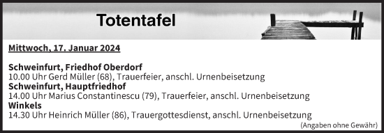 Anzeige von Totentafel vom 17.01.2024 von MGO
