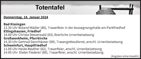 Anzeige von Totentafel vom 18.01.2024 von MGO