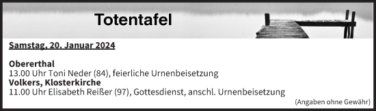 Anzeige von Totentafel vom 20.01.2024 von MGO