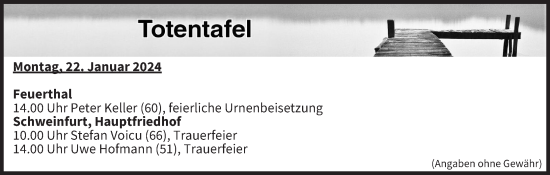 Anzeige von Totentafel vom 22.01.2024 von MGO