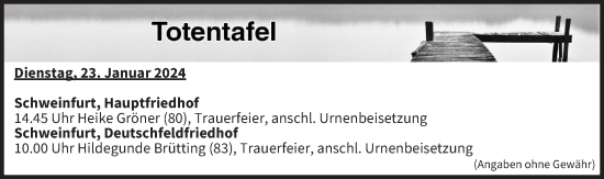Anzeige von Totentafel vom 23.01.2024 von MGO