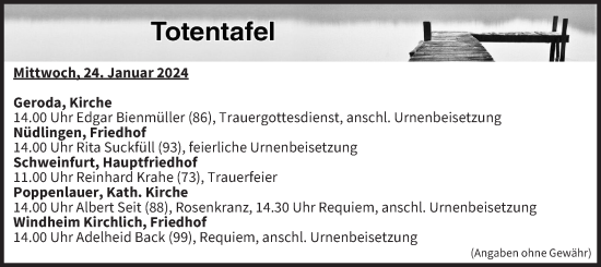 Anzeige von Totentafel vom 24.01.2024 von MGO