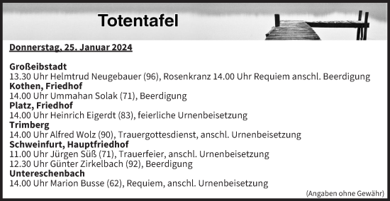 Anzeige von Totentafel vom 25.01.2024 von MGO