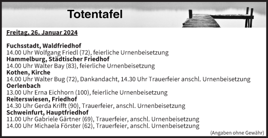 Anzeige von Totentafel vom 26.01.2024 von MGO