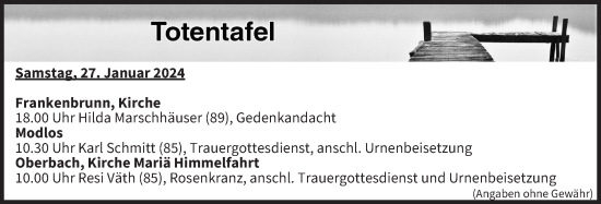 Anzeige von Totentafel vom 27.01.2024 von MGO