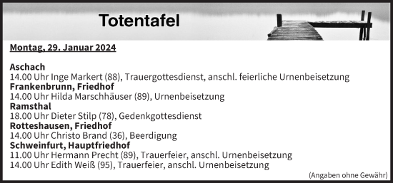 Anzeige von Totentafel vom 29.01.2024 von MGO