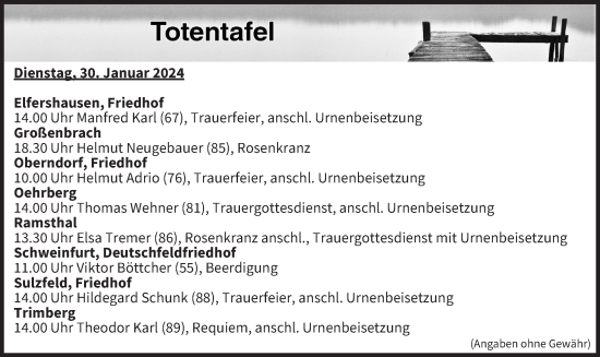 Anzeige von Totentafel vom 30.01.2024 von MGO