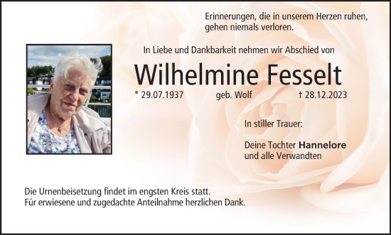 Anzeige von Wilhelmine Fesselt von MGO