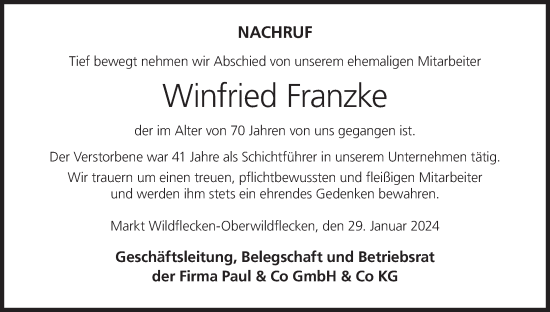 Anzeige von Winfried Franzke von MGO