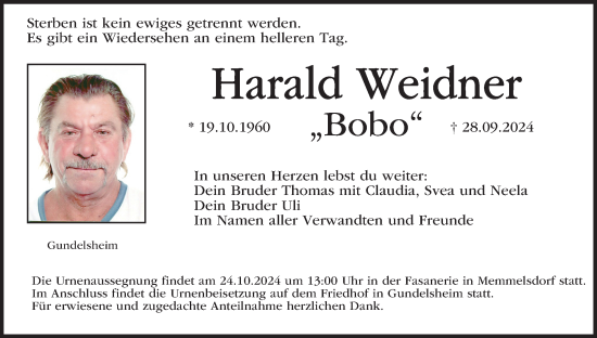 Anzeige von Harald Weidner von MGO