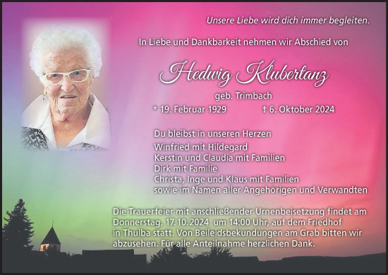 Anzeige von Hedwig Klubertanz von MGO
