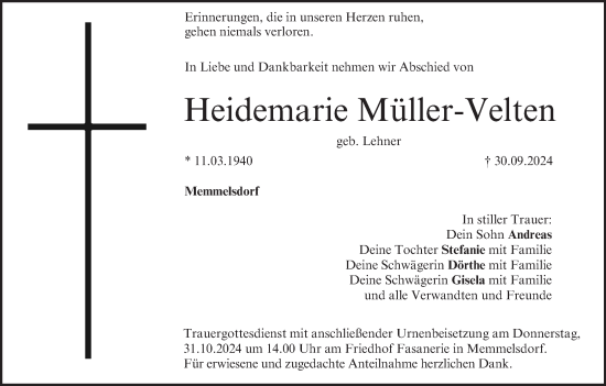 Anzeige von Heidemarie Müller-Velten von MGO