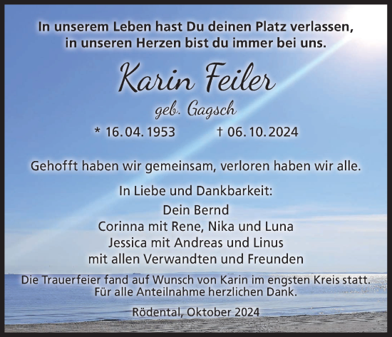 Anzeige von Karin Feiler von MGO