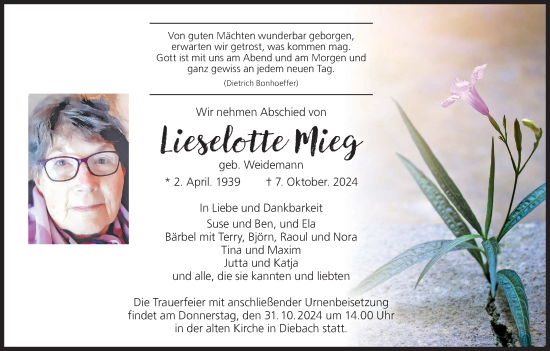 Anzeige von Lieselotte Mieg von MGO