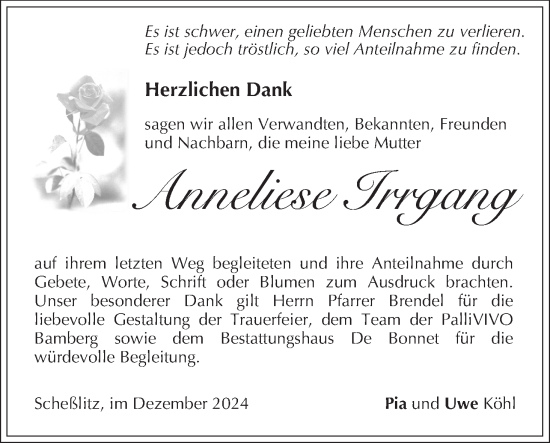 Anzeige von Anneliese Irrgang von MGO