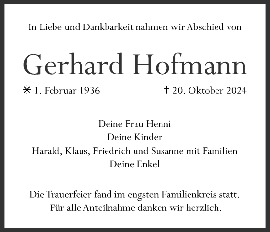 Anzeige von Gerhard Hofmann von MGO