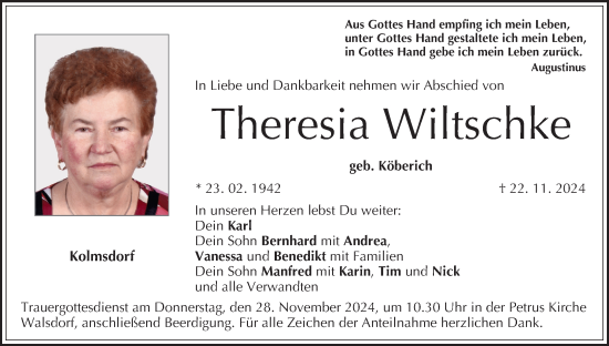Anzeige von Theresia Wiltschke von MGO