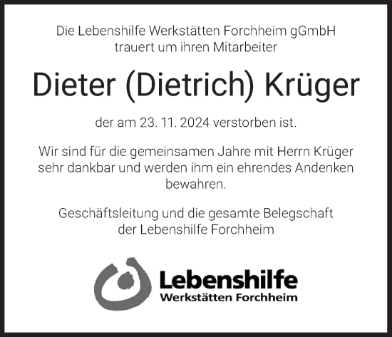 Anzeige von Dieter Krüger von MGO
