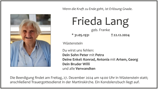 Anzeige von Frieda Lang von MGO