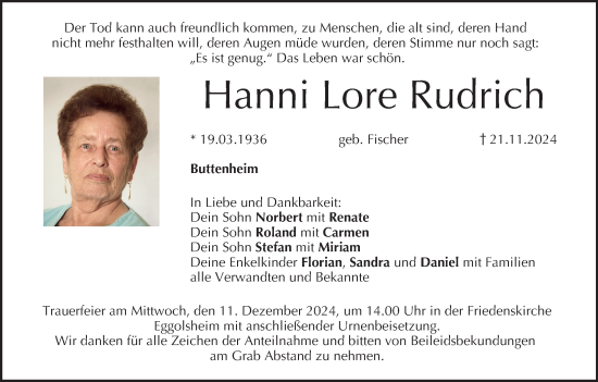 Anzeige von Hanni Lore Rudrich von MGO