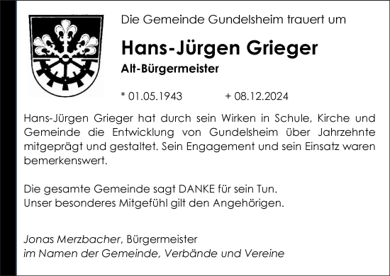 Anzeige von Hans-Jürgen Grieger von MGO