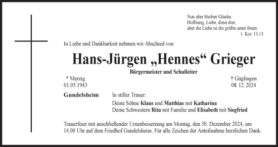 Anzeige von Hans-Jürgen Grieger von MGO