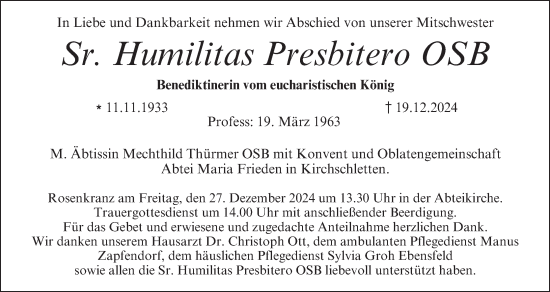 Anzeige von Humilitas Presbitero von MGO