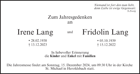 Anzeige von Irene Lang von MGO