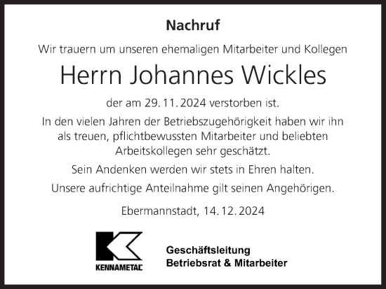 Anzeige von Johannes Wickles von MGO