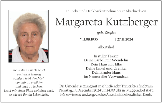 Anzeige von Margareta Kutzberger von MGO