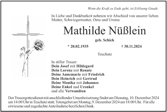 Anzeige von Mathilde Nüßlein von MGO