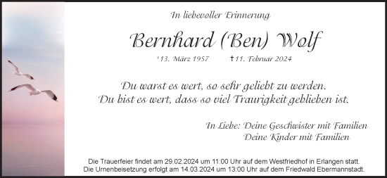 Anzeige von Bernhard Wolf von MGO