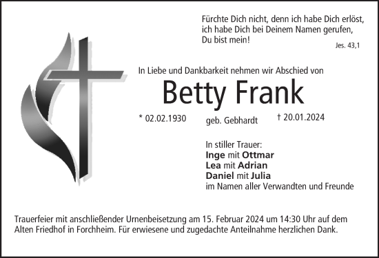 Anzeige von Betty Frank von MGO