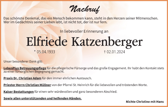 Anzeige von Elfriede Katzenberger von MGO