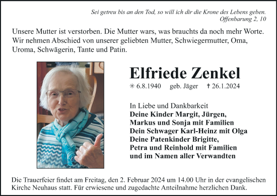 Anzeige von Elfriede Zenkel von MGO