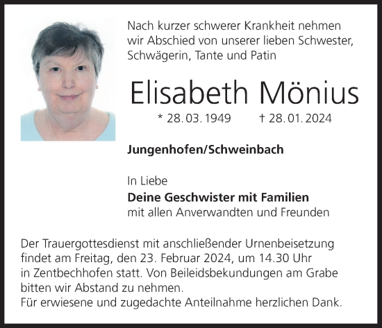 Anzeige von Elisabeth Mönius von MGO